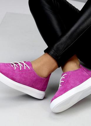 Замшевые классические кеды-туфли на шнурках для девушек, легкая модель в цвете фуксия 36,37,39,40,388 фото