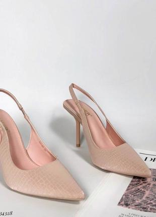 Рожеві/ бежеві/нюдові туфлі-слінгбеки на високих підборах на шпильці з гострим носком з еко шкіри2 фото
