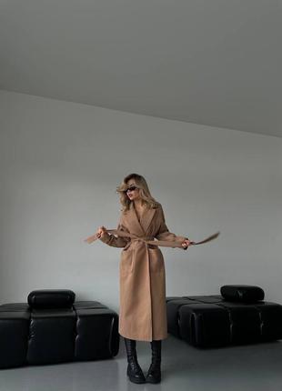 Жіноче кашемірове коричневе пальто кольору кемел на поясі з підкладкою пальто під пояс на підкладці з кишенями3 фото