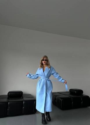 Жіноче кашемірове блакитне  пальто на поясі з підкладкою пальто під пояс на підкладці з кишенями