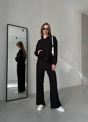 Сірий графіт жіночий прогулянковий костюм широкі штани палаццо кофта на блискавці вільного крою в рубчик7 фото