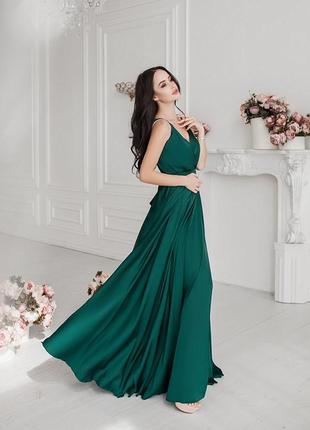 Зелене вечірнє плаття випускне довге максі шовкове шлейки з розрізом2 фото