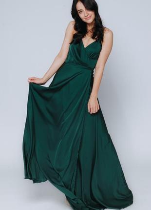 Зелене вечірнє плаття випускне довге максі шовкове шлейки з розрізом6 фото