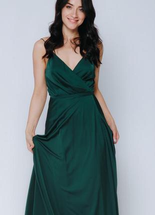 Зелене вечірнє плаття випускне довге максі шовкове шлейки з розрізом8 фото