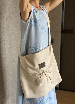 Эко сумка шоппер торба кросс боди owl бежевая на завязке2 фото