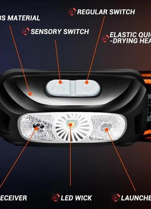 Налобний ліхтар із режимом сенсора, що перезаряджається з данцем освітленості для відпочинку на природі полювання риболовлі4 фото