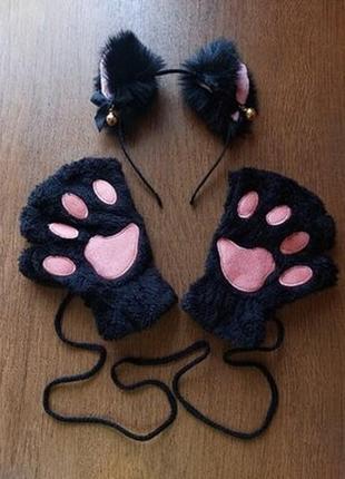 Перчатки-митенки кошачьи лапки без пальцев и обруч на голову с ушками, женский набор с ушками кота код 6488