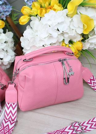 Женская стильная и качественная сумка из мягкой эко кожи на 2 отдела розовая4 фото
