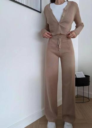 Женский базовый прогулочный костюм плотный рубчик кофта топ на пуговицах и широкие штаны палаццо турция6 фото