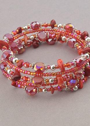 Оригінальний браслет із натуральним корал, чеський кришталь 90 см.