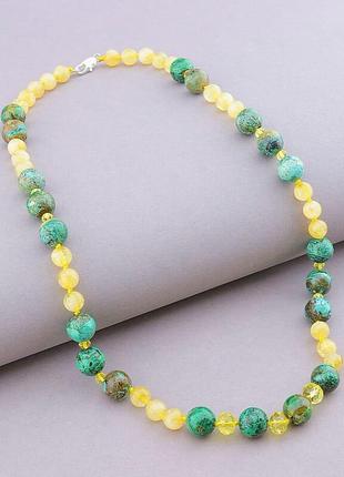 Бусы  хризоколла,цитрин,чешский хрусталь 50 см.