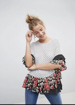 Блуза цветочная горошек рюши asos