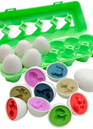 Игрушка сортер развивающая для детей яйца пазлы, 12 штук в лотке, динозавры