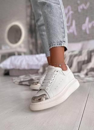 Alexander mcqueen white кроссовки из кожи маквин белого цвета (36-40)💜3 фото