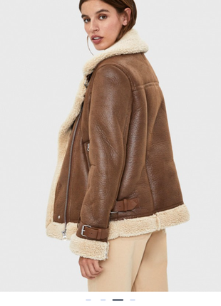 Дубленка bershka куртка женская зимняя авиатор коричневая кожа8 фото