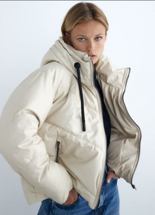 Кожаный пуфер zara кожаная куртка женская осенняя зимняя5 фото