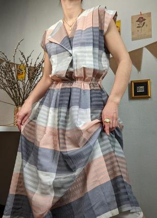 Платье винтажное серое клетка пышное миди персиковый карманы ретро s m l7 фото