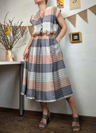 Платье винтажное серое клетка пышное миди персиковый карманы ретро s m l6 фото