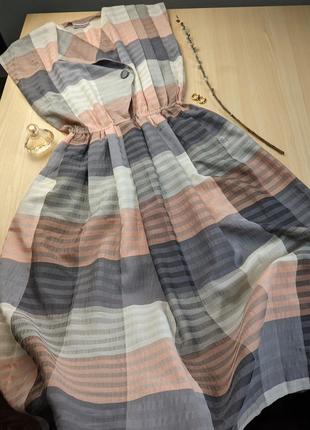 Платье винтажное серое клетка пышное миди персиковый карманы ретро s m l2 фото
