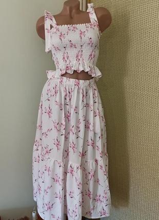 Летний костюм топ+ юбка в цветочный принт сакура