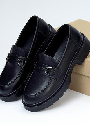 Универсальные молодежные черные кожаные туфли лоферы натуральная кожа9 фото