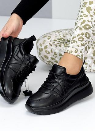 Универсальные кожаные черные кроссовки натуральная кожа на шнуровке8 фото