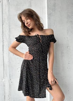 Ніжна легка сукня ❤️ чорна сукня у дрібні квіти ❤️ коротка міні сукня з відкритими плечима ❤️
