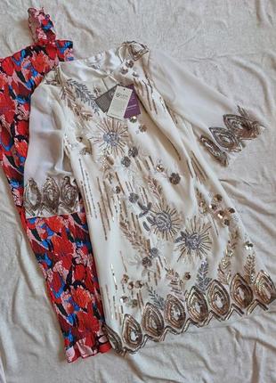 Платье туника с вышивкой бисером пайетками вечернее праздничное  нарядное блестящее цветы цветочный принт шифоновое шифон премиум качество люкс1 фото