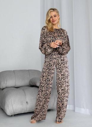 Lara qc 20782 шовковий жіночий костюм блуза і штани кльош високої якості тваринний принт