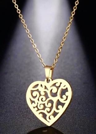 Підвіска ажурне серце із медичної сталі купити підвіску сердечко із медзолота кулон  з ланцюжком медичний сплав