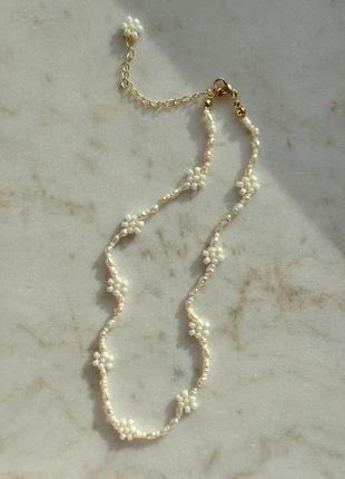 Чокер нежный из натуральных жемчужин из бисера ромашки, ожерелье с натуральными жемчужинами цветочное, свадебное ожерелье с жемчугом