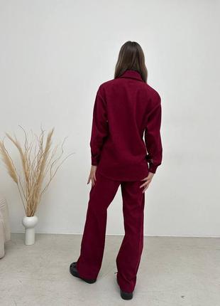Червоний бордовий жіночий вельветовий костюм повсякденний прогулянковий костюм штани палаццо широкі сорочка оверсайз вільного крою вельвет7 фото