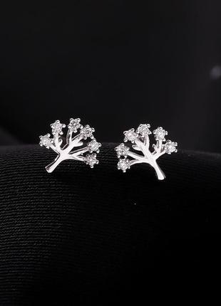 Серьги-гвоздики дерево жизни, сережки в виде дерева с фианитом, серебряное покрытие 925 пробы3 фото
