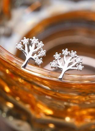 Серьги-гвоздики дерево жизни, сережки в виде дерева с фианитом, серебряное покрытие 925 пробы5 фото