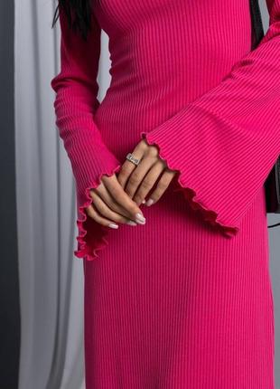 Сукня міді на талії на зав’язках + рукав клеш❤️ рожева сукня міді у рубчик ❤️ сукня з завязками на спині4 фото