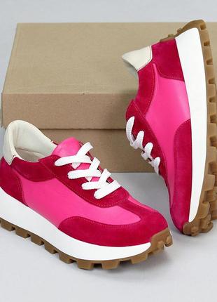 Універсальні рожеві жіночі міксові кросівки натуральна шкіра + замша з квадратною п'ятою4 фото