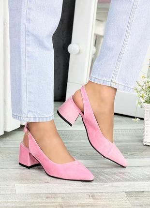 Туфли босоножки из натуральной замши на устойчивом каблуке розовые molly