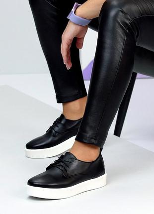 Черные кожаные туфли на шнуровке натуральная кожа на белой подошве9 фото