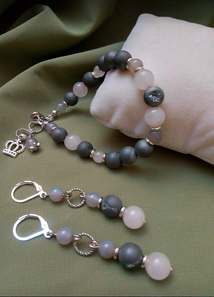 Сережки браслет-набір срібло рожевий кварц друза натуральні камені