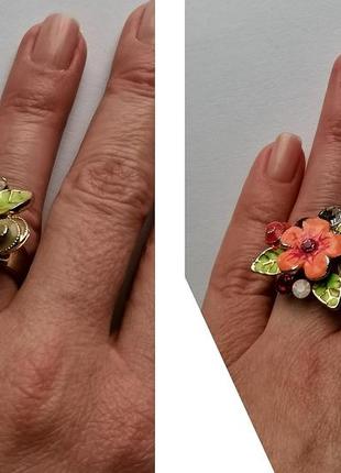 Коктейльное кольцо винтаж клуазоне перстень с цветочным фрагментом перегородчатая эмаль кристаллы2 фото
