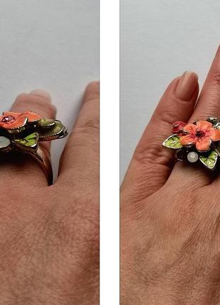 Коктейльное кольцо винтаж клуазоне перстень с цветочным фрагментом перегородчатая эмаль кристаллы5 фото