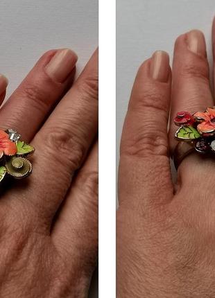 Коктейльное кольцо винтаж клуазоне перстень с цветочным фрагментом перегородчатая эмаль кристаллы8 фото