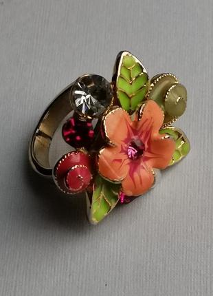 Коктейльное кольцо винтаж клуазоне перстень с цветочным фрагментом перегородчатая эмаль кристаллы7 фото