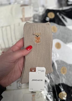 Носки в рубчик однотонные с мишкой высокие с резинкой teddy тедди молочные коричневые...