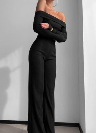 Костюм жіночий чорний однотонний топ на довгий рукав штани вільного крою на високій посадці якісний стильний1 фото