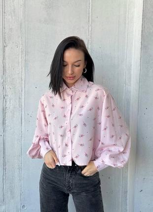 Стильна трендова сорочка (рубашка, блузка) 42-48 темно-синя, рожева в квіти