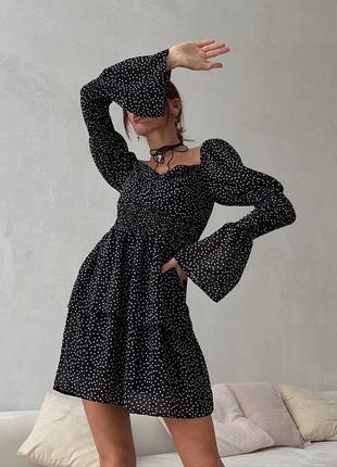 Сукня коротка чорна в горошок на довгий рукав якісна стильна трендова2 фото