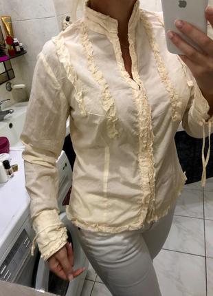 Бавовняна блуза кольору ванілі, довгий рукав на зав'язці , promod , індія