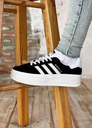 Крутейшие женские кроссовки на платформе adidas gazelle bold black чёрные