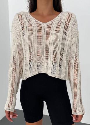Вкорочений светр з ажурним плетінням3 фото
